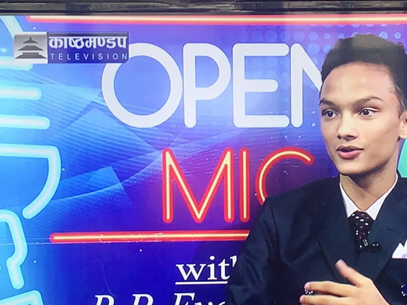 Kovid Panthy on the set of Open Mic on Kashthamandap Television.