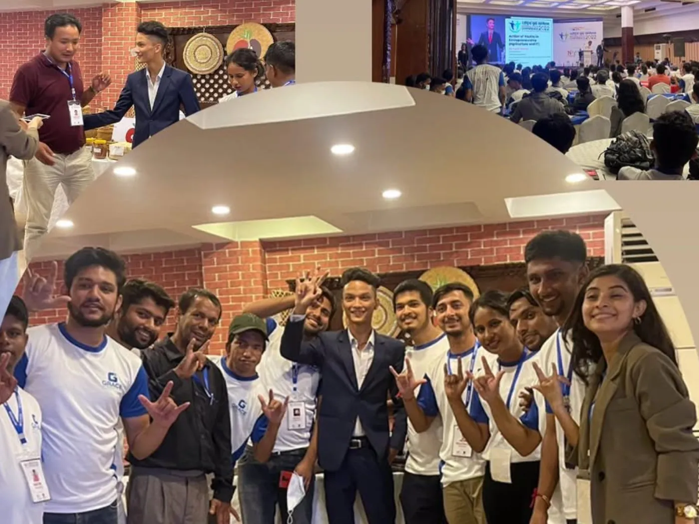 Kovid Panthy photographed with a group of attendees after a session, many of them signing with their hands raised.