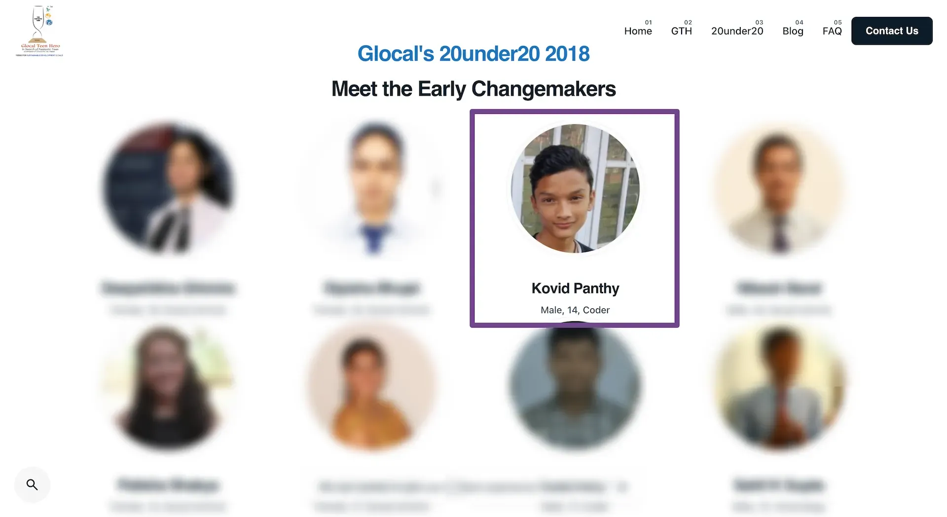 Glocal’s 20under20 2018 page, “Meet the Early Changemakers”, with Kovid Panthy’s entry highlighted and listed as “Male, 14, Coder”.